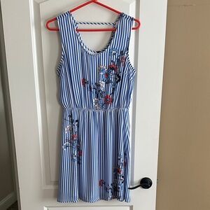 Blue and White Striped Women’s Knee Length Dress with Floral Design